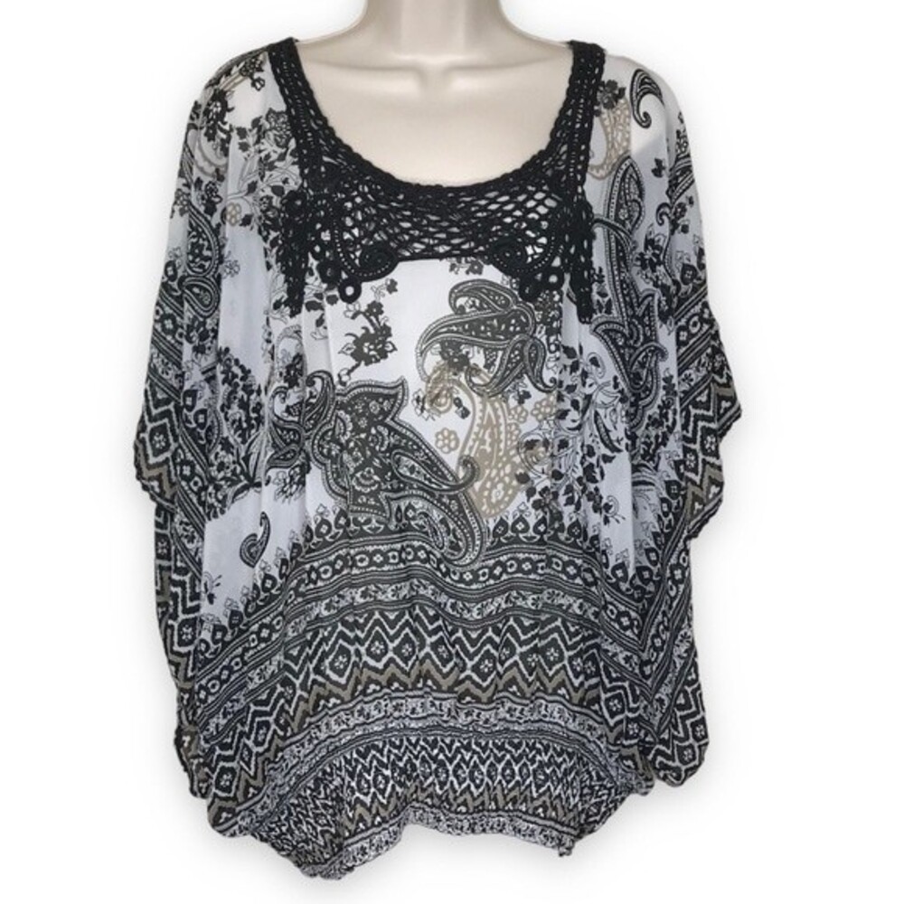 Bila Open Sleeve Smocked Elastic Waist Crochet Lace Neck Black White Tan Top 1X